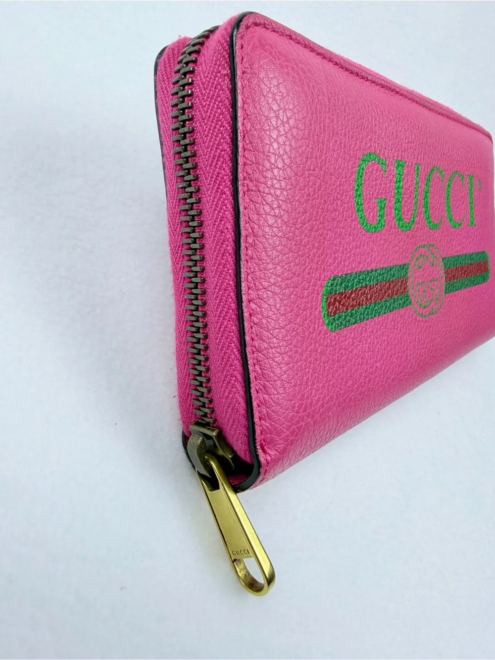 Authentic GUCCI Pink Leather Zip-Around Long Wallet with Signature Web Stripe